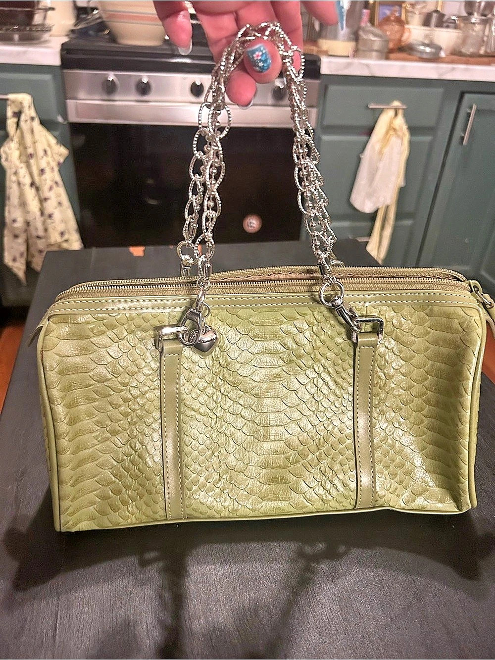 Vintage Y2K Valerie Stevens Textured Animal Print Satchel in Green